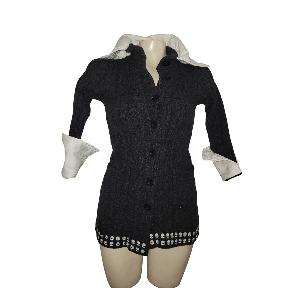 Eileen Fisher Wool Blend Skull Hem Longline Cardigan Contrast Collar Black S